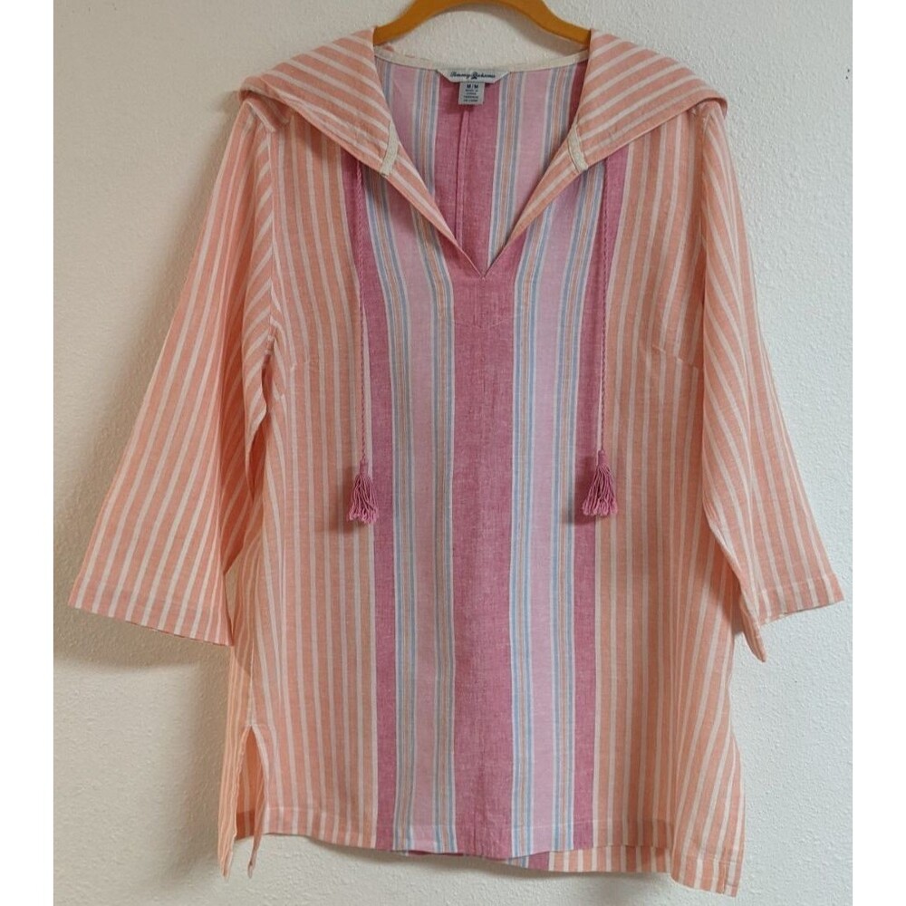 Women's TOMMY BAHAMA Striped Hooded "Lovely Lanes" Linen Blend Baja Top M - Picture 9 of 16